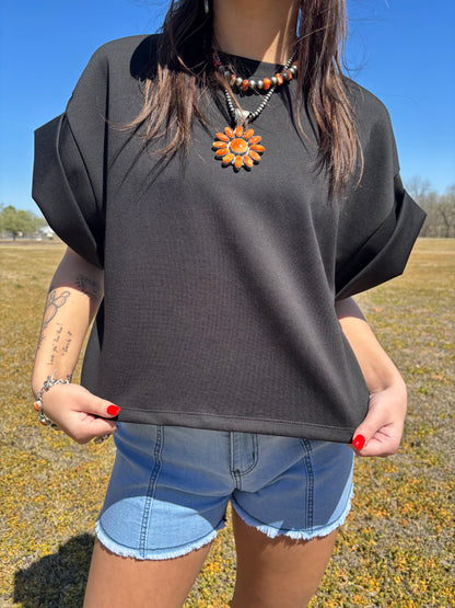The Raegn Black Scuba Fold Wide Sleeve Top