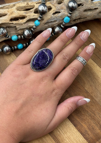 Charoite Size 8 Ring by Philbert Nez, Navajo #725-2