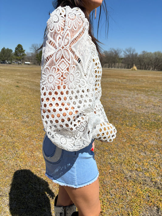The Crosbie Crotchet Lace Lantern Sleeve Top