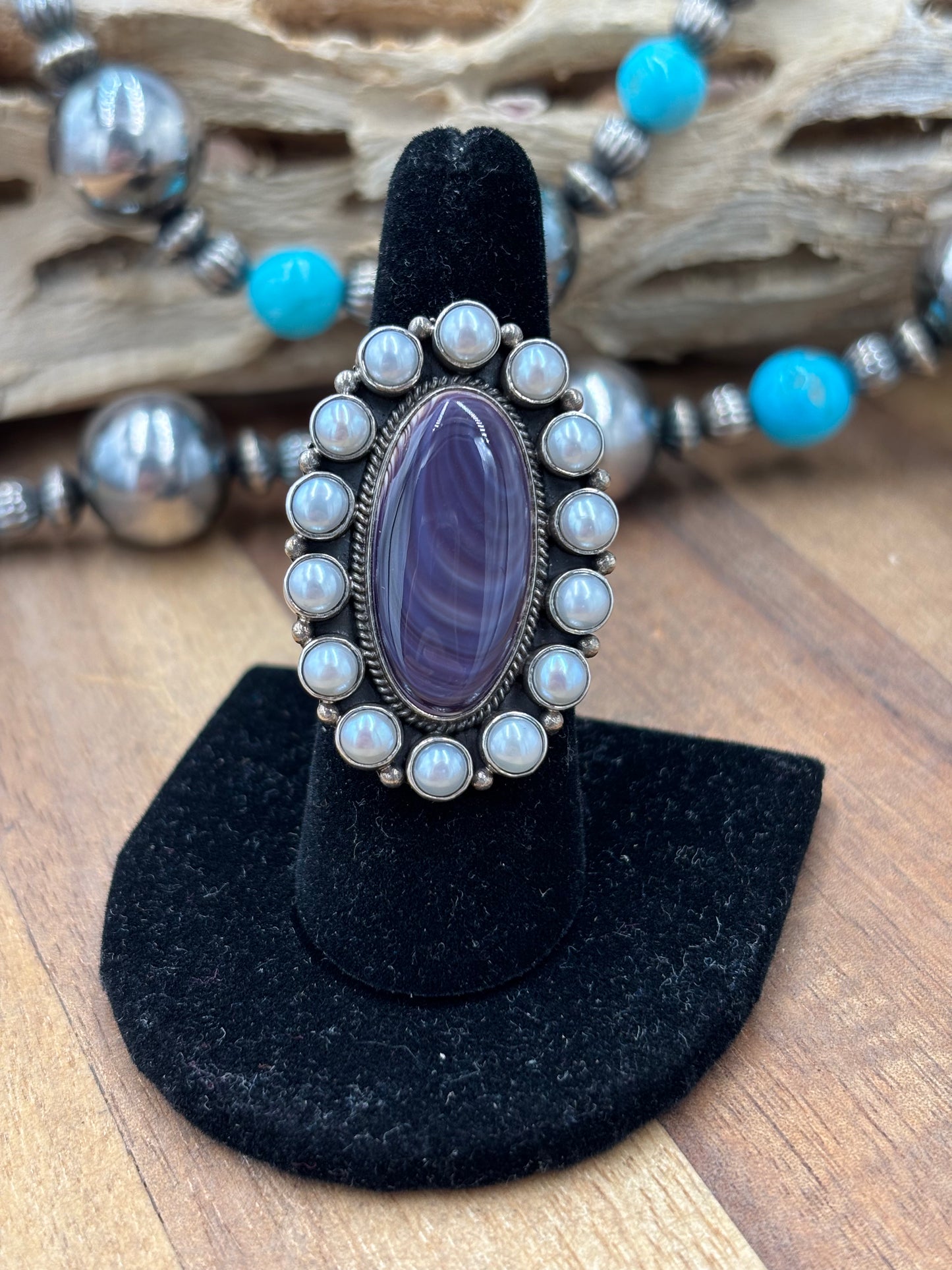 Wampum & Freshwater Pearl Adjustable Ring #725