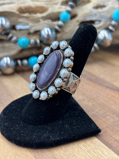 Wampum & Freshwater Pearl Adjustable Ring #725
