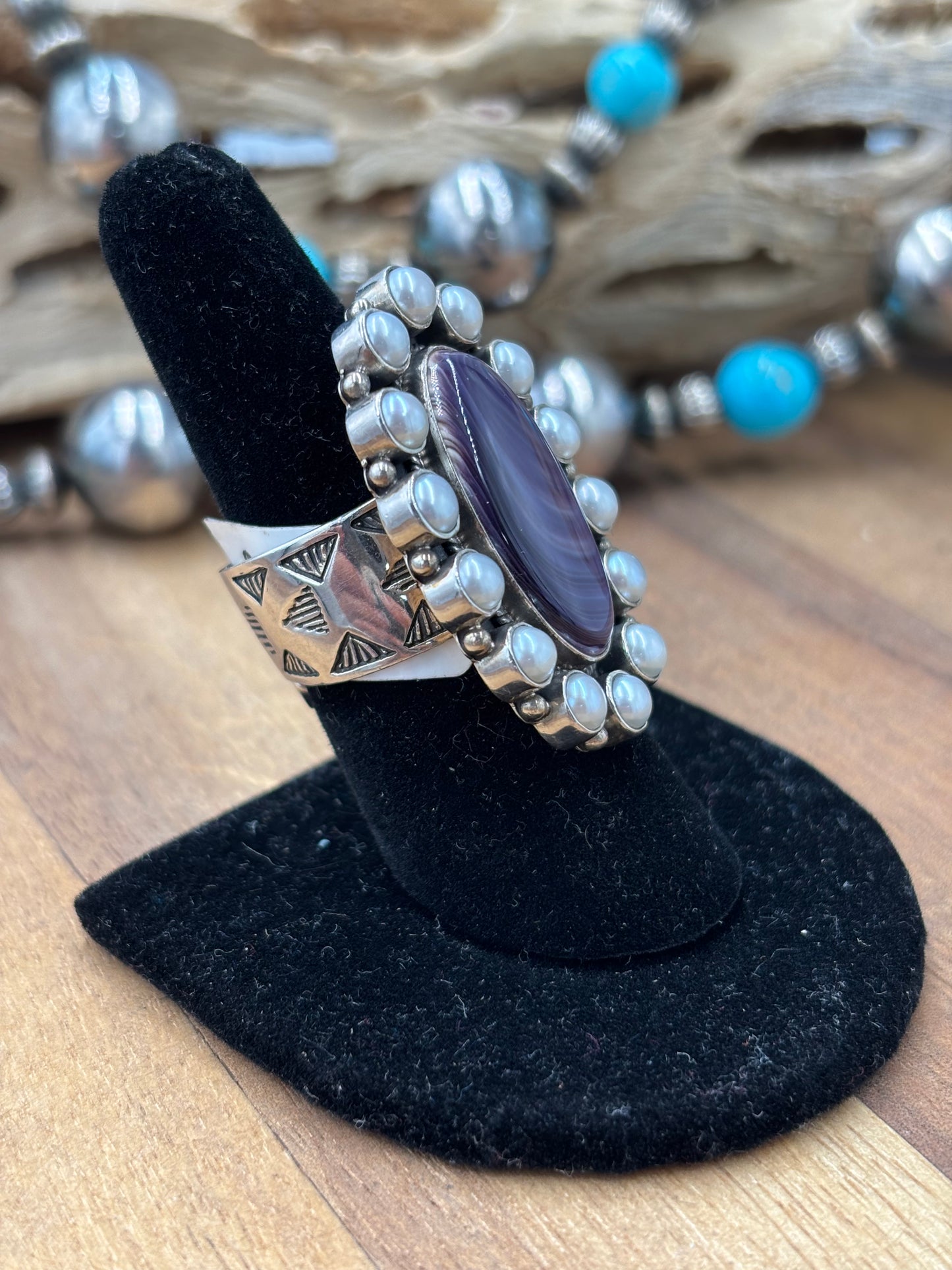 Wampum & Freshwater Pearl Adjustable Ring #725