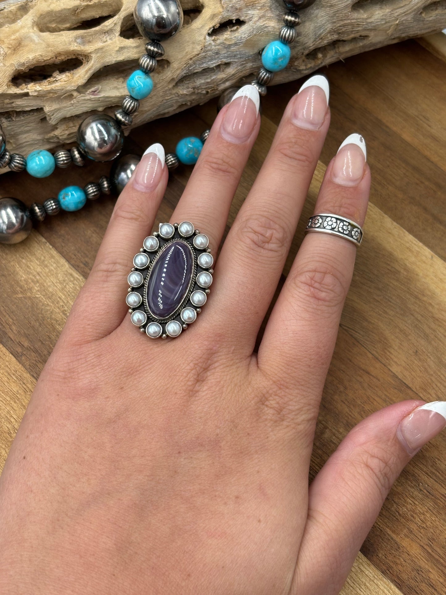 Wampum & Freshwater Pearl Adjustable Ring #725
