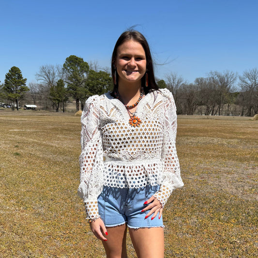 The Crosbie Crotchet Lace Lantern Sleeve Top
