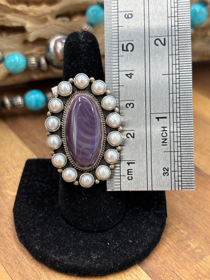 Wampum & Freshwater Pearl Adjustable Ring #725