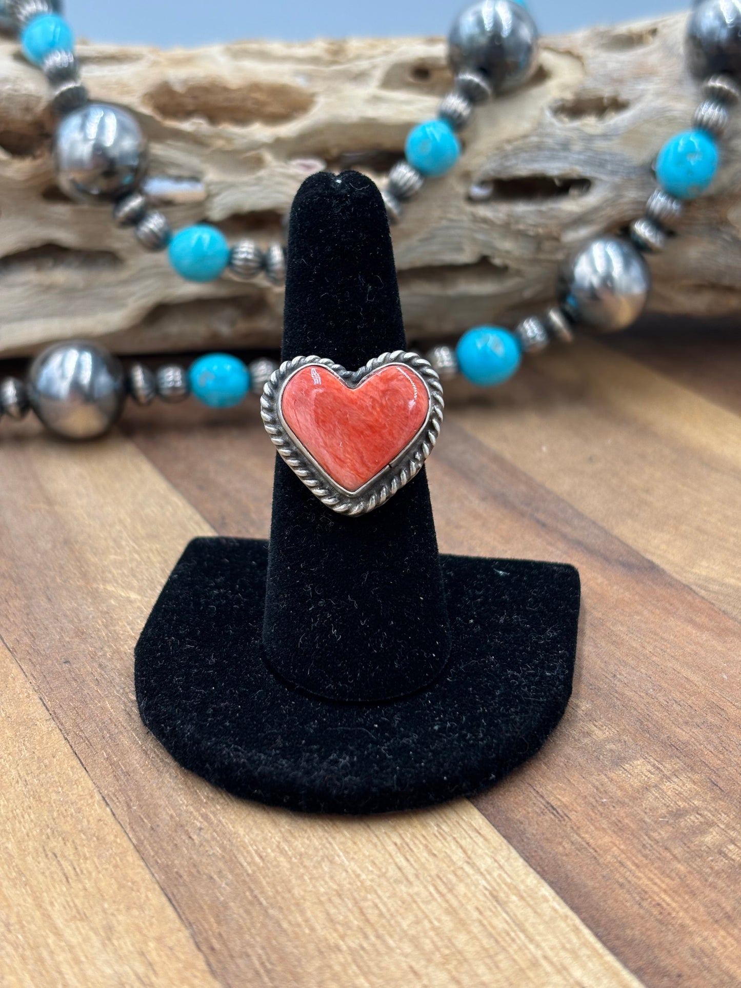 Red Spiny Heart #9826-1 Adjustable Ring by LC, Navajo