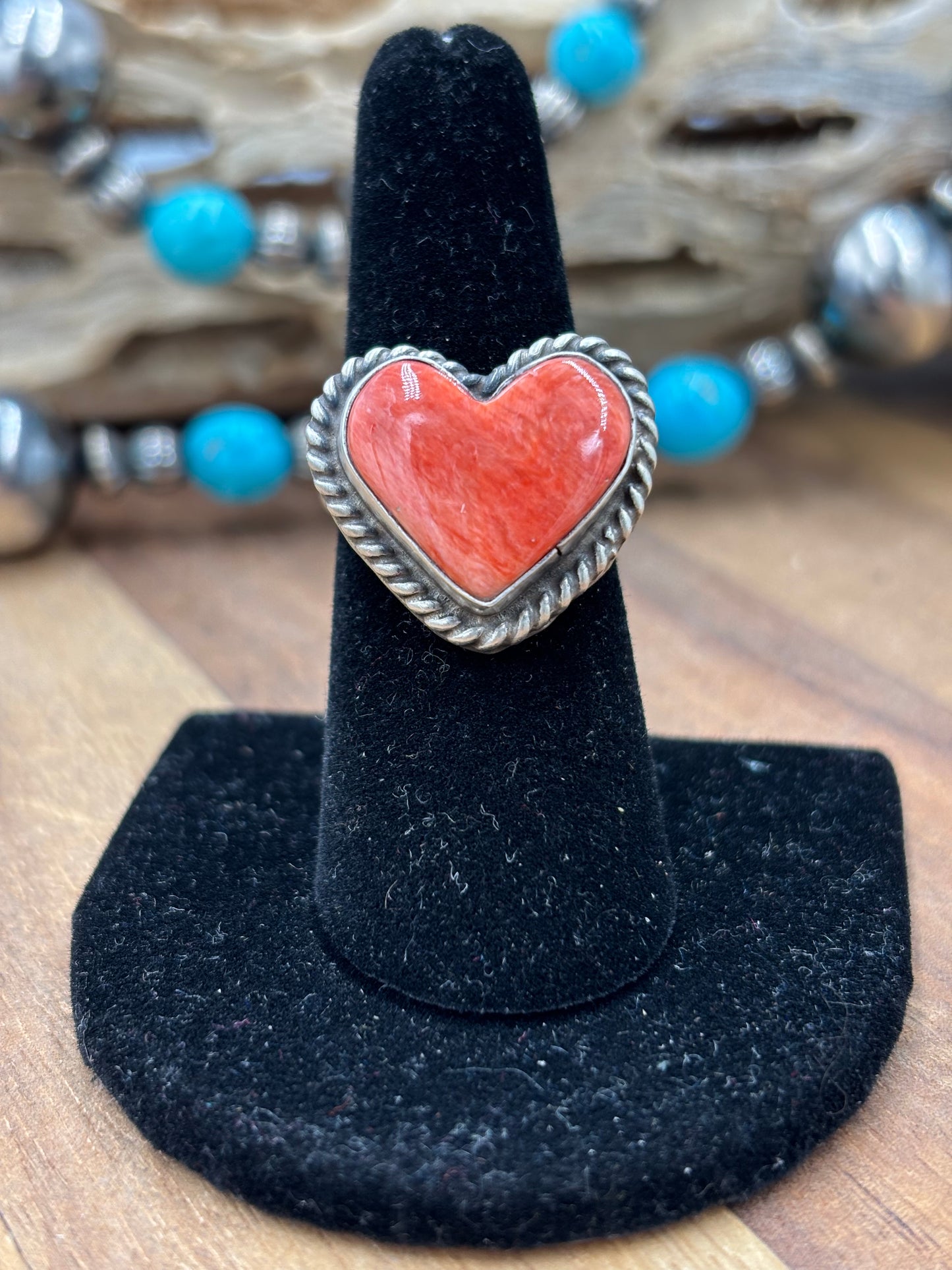 Red Spiny Heart #9826-1 Adjustable Ring by LC, Navajo