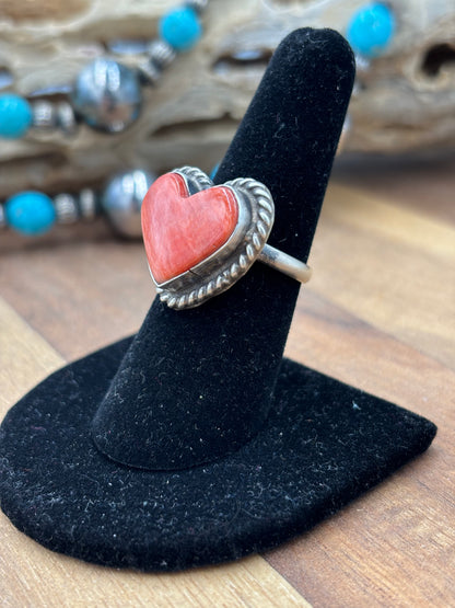 Red Spiny Heart #9826-1 Adjustable Ring by LC, Navajo