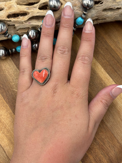 Red Spiny Heart #9826-1 Adjustable Ring by LC, Navajo