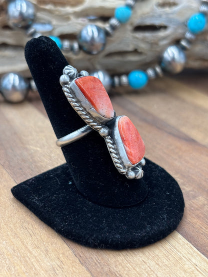 Red Spiny #9826-6 Adjustable Ring by Eugene Belone, Navajo