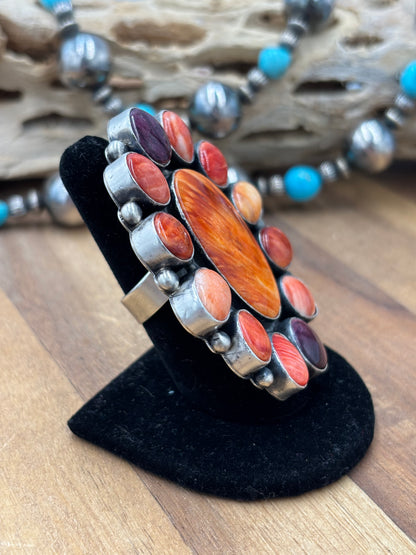 Mixed Red, Purple, Orange Spiny #9826-7 Adjustable Ring by Tricia Smith, Navajo