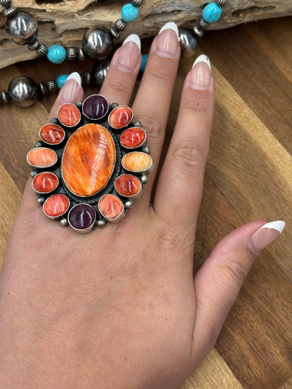 Mixed Red, Purple, Orange Spiny #9826-7 Adjustable Ring by Tricia Smith, Navajo