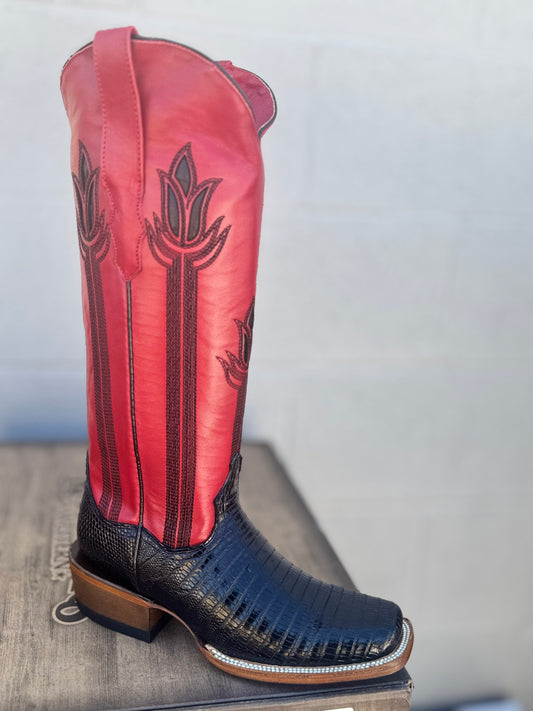 Signature Turquoise Reata Boot – The Liza, Black Lizard Print & Red Tulip Top Square Rodeo Toe Boot