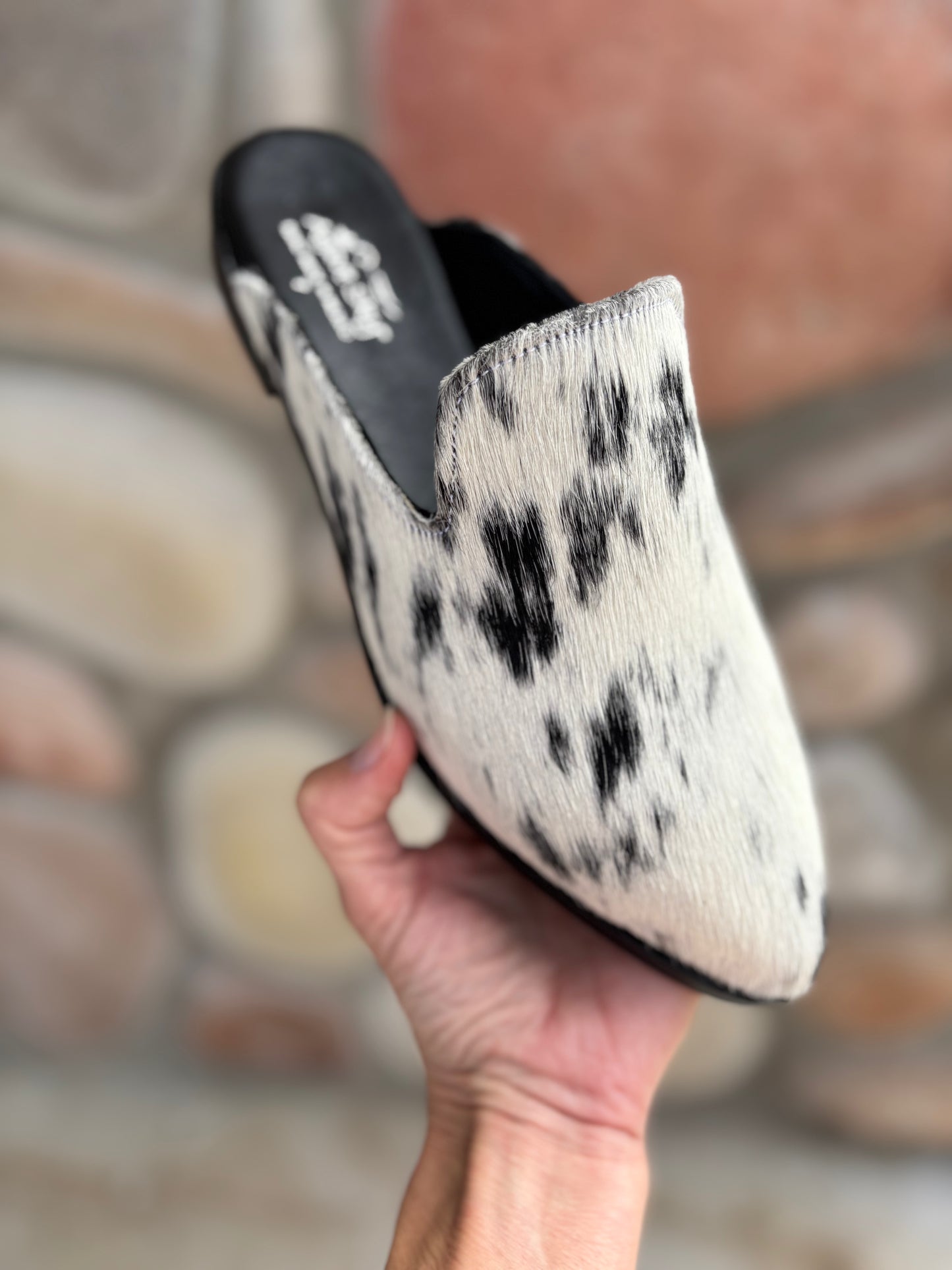 The Adaire- Handmade Cowhide Slip-On Mule Salt & Pepper Black/White
