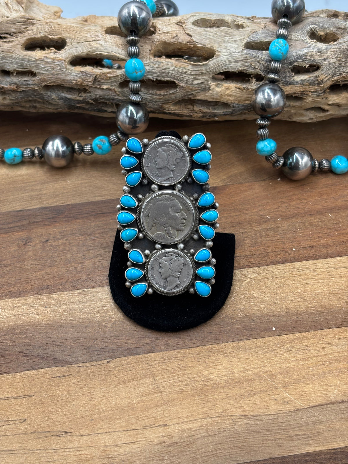 Turquoise  #926-8 Indian Nickel & Mercury Dime Adjustable Ring by Travis Jim, Navajo