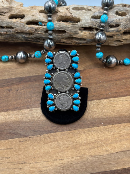 Turquoise  #926-8 Indian Nickel & Mercury Dime Adjustable Ring by Travis Jim, Navajo