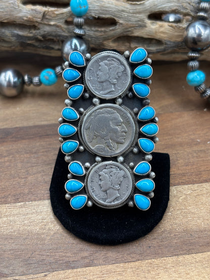 Turquoise  #926-8 Indian Nickel & Mercury Dime Adjustable Ring by Travis Jim, Navajo