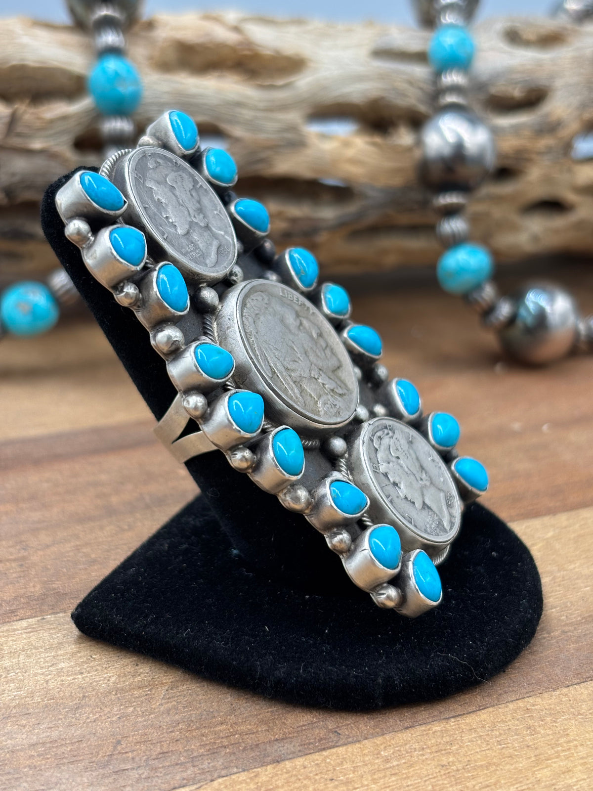 Turquoise  #926-8 Indian Nickel & Mercury Dime Adjustable Ring by Travis Jim, Navajo