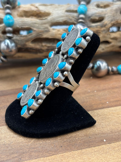 Turquoise  #926-8 Indian Nickel & Mercury Dime Adjustable Ring by Travis Jim, Navajo