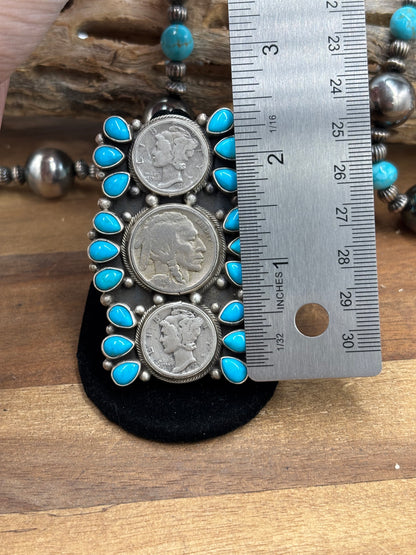 Turquoise  #926-8 Indian Nickel & Mercury Dime Adjustable Ring by Travis Jim, Navajo