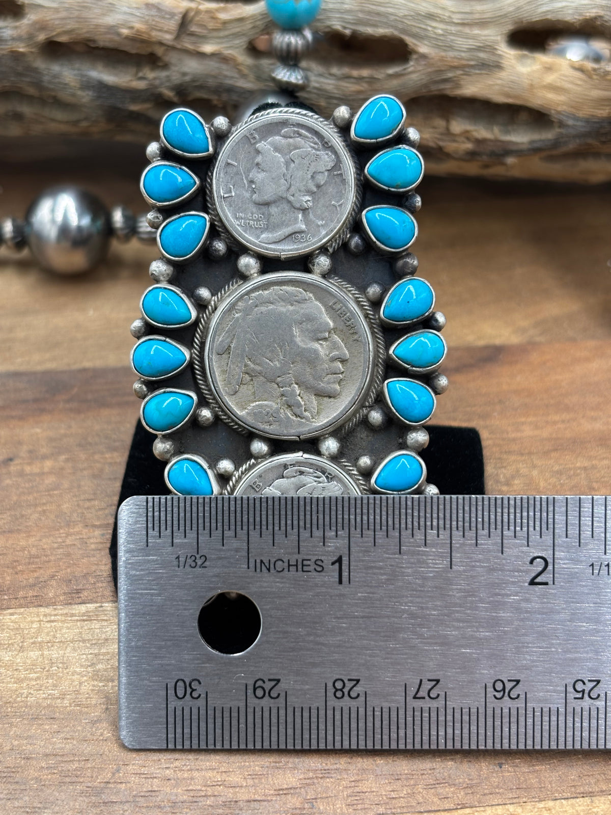 Turquoise  #926-8 Indian Nickel & Mercury Dime Adjustable Ring by Travis Jim, Navajo