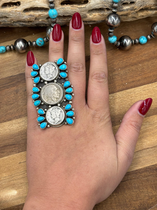 Turquoise  #926-8 Indian Nickel & Mercury Dime Adjustable Ring by Travis Jim, Navajo