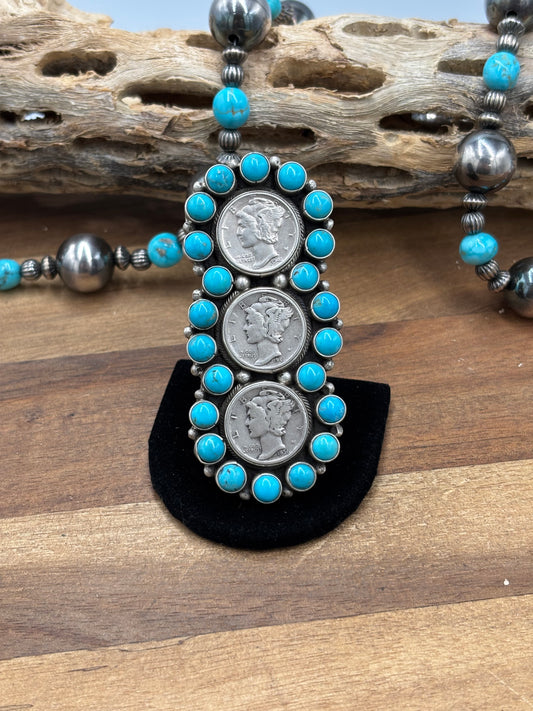 Turquoise  #926-12 Mercury Dime Ring Size 8 by Travis Jim, Navajo