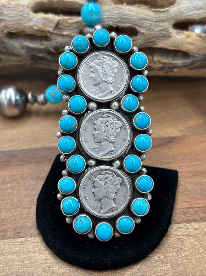 Turquoise  #926-12 Mercury Dime Ring Size 8 by Travis Jim, Navajo