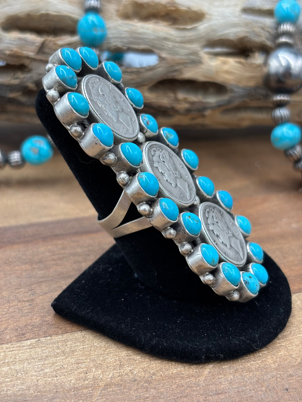 Turquoise  #926-12 Mercury Dime Ring Size 8 by Travis Jim, Navajo