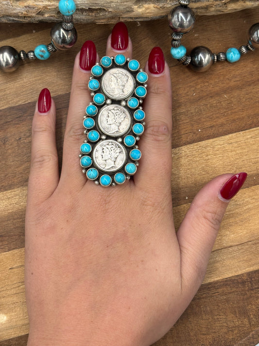 Turquoise  #926-12 Mercury Dime Ring Size 8 by Travis Jim, Navajo