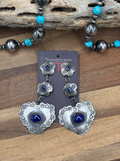 Lapis Heart #927-2 Concho Earrings by Gabby Yazzie, Navajo