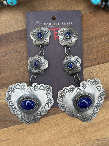Lapis Heart #927-2 Concho Earrings by Gabby Yazzie, Navajo