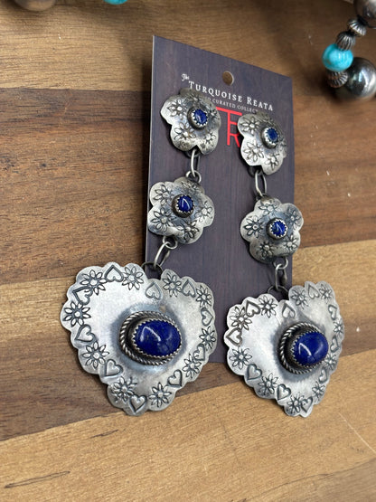 Lapis Heart #927-2 Concho Earrings by Gabby Yazzie, Navajo