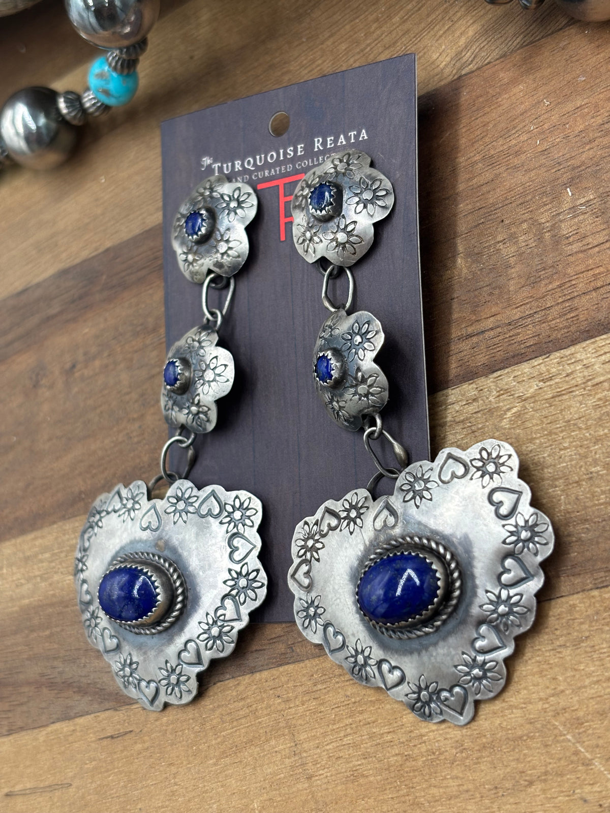 Lapis Heart #927-2 Concho Earrings by Gabby Yazzie, Navajo