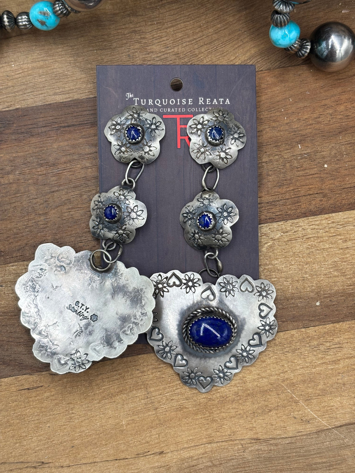 Lapis Heart #927-2 Concho Earrings by Gabby Yazzie, Navajo