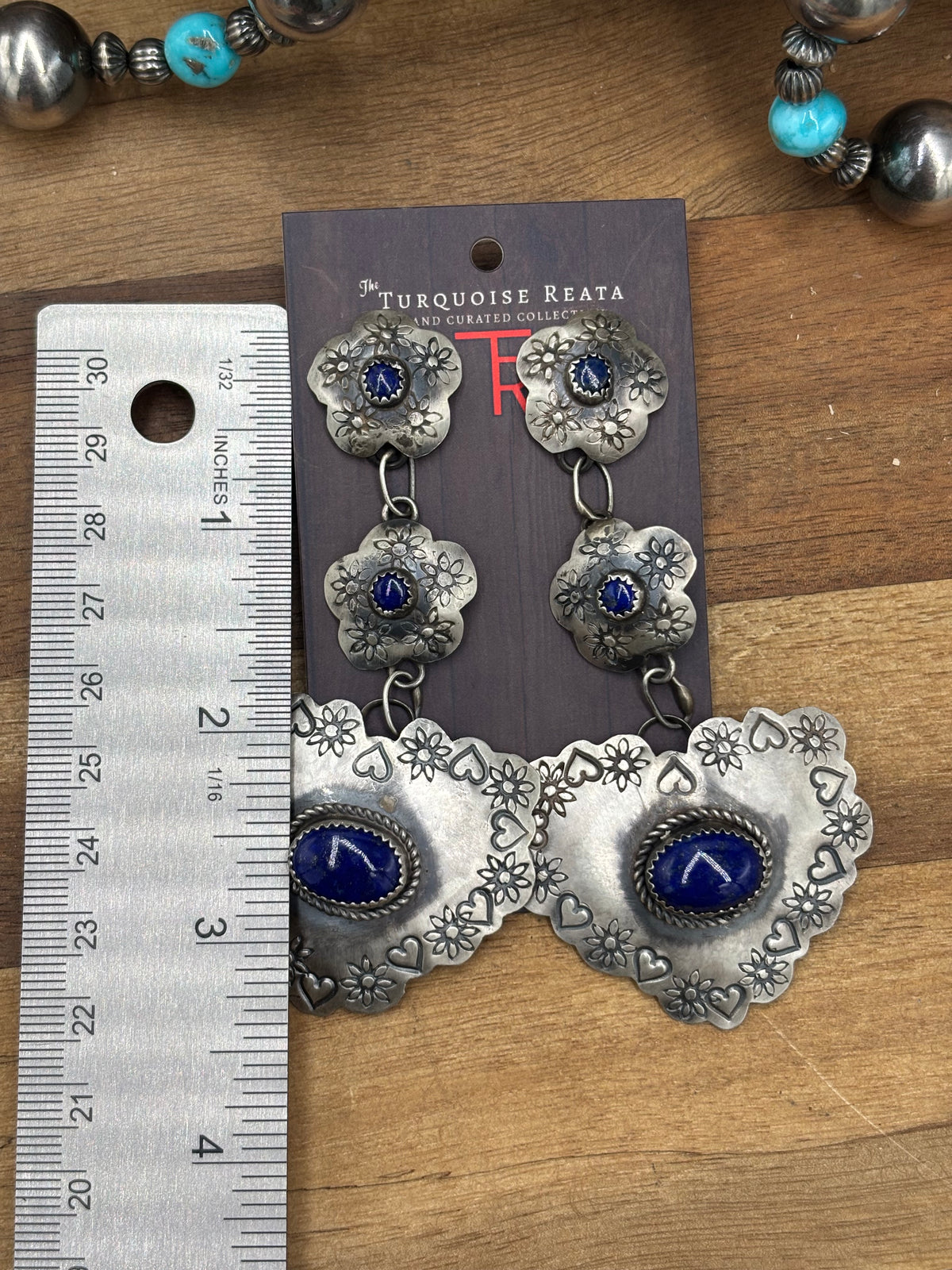 Lapis Heart #927-2 Concho Earrings by Gabby Yazzie, Navajo
