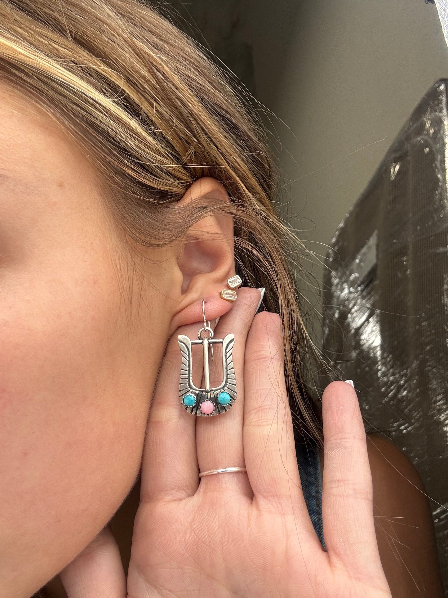 Pink Conch & Turquoise #825-3 Buckle Earrings