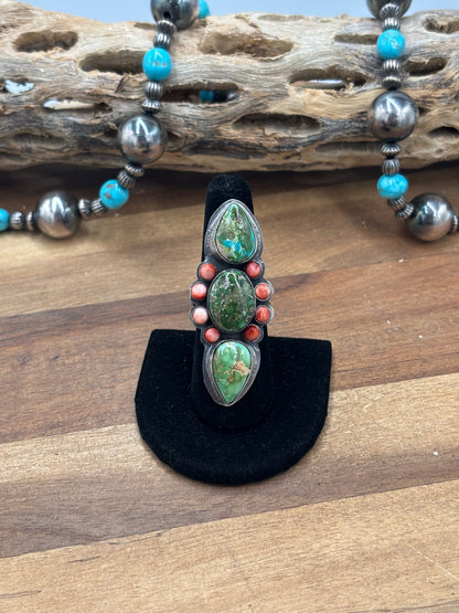 Sonoran Gold #927-9 Turquoise & Red Spiny Adjustable Ring by Boyd Ashley, Navajo