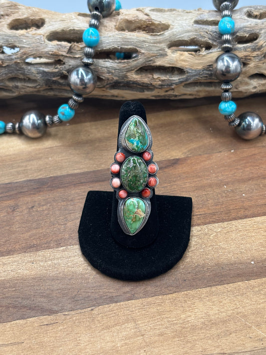Sonoran Gold #927-9 Turquoise & Red Spiny Adjustable Ring by Boyd Ashley, Navajo