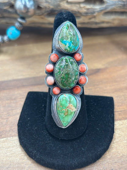 Sonoran Gold #927-9 Turquoise & Red Spiny Adjustable Ring by Boyd Ashley, Navajo