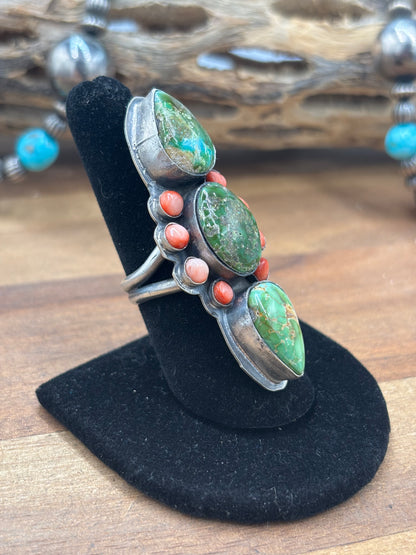 Sonoran Gold #927-9 Turquoise & Red Spiny Adjustable Ring by Boyd Ashley, Navajo