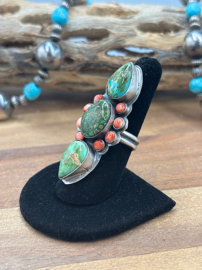 Sonoran Gold #927-9 Turquoise & Red Spiny Adjustable Ring by Boyd Ashley, Navajo