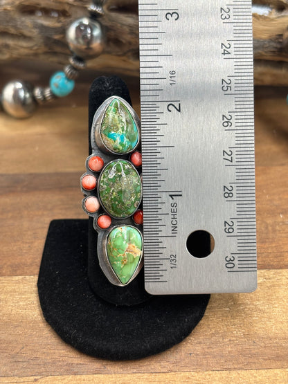 Sonoran Gold #927-9 Turquoise & Red Spiny Adjustable Ring by Boyd Ashley, Navajo
