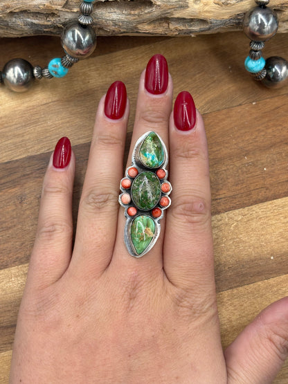 Sonoran Gold #927-9 Turquoise & Red Spiny Adjustable Ring by Boyd Ashley, Navajo
