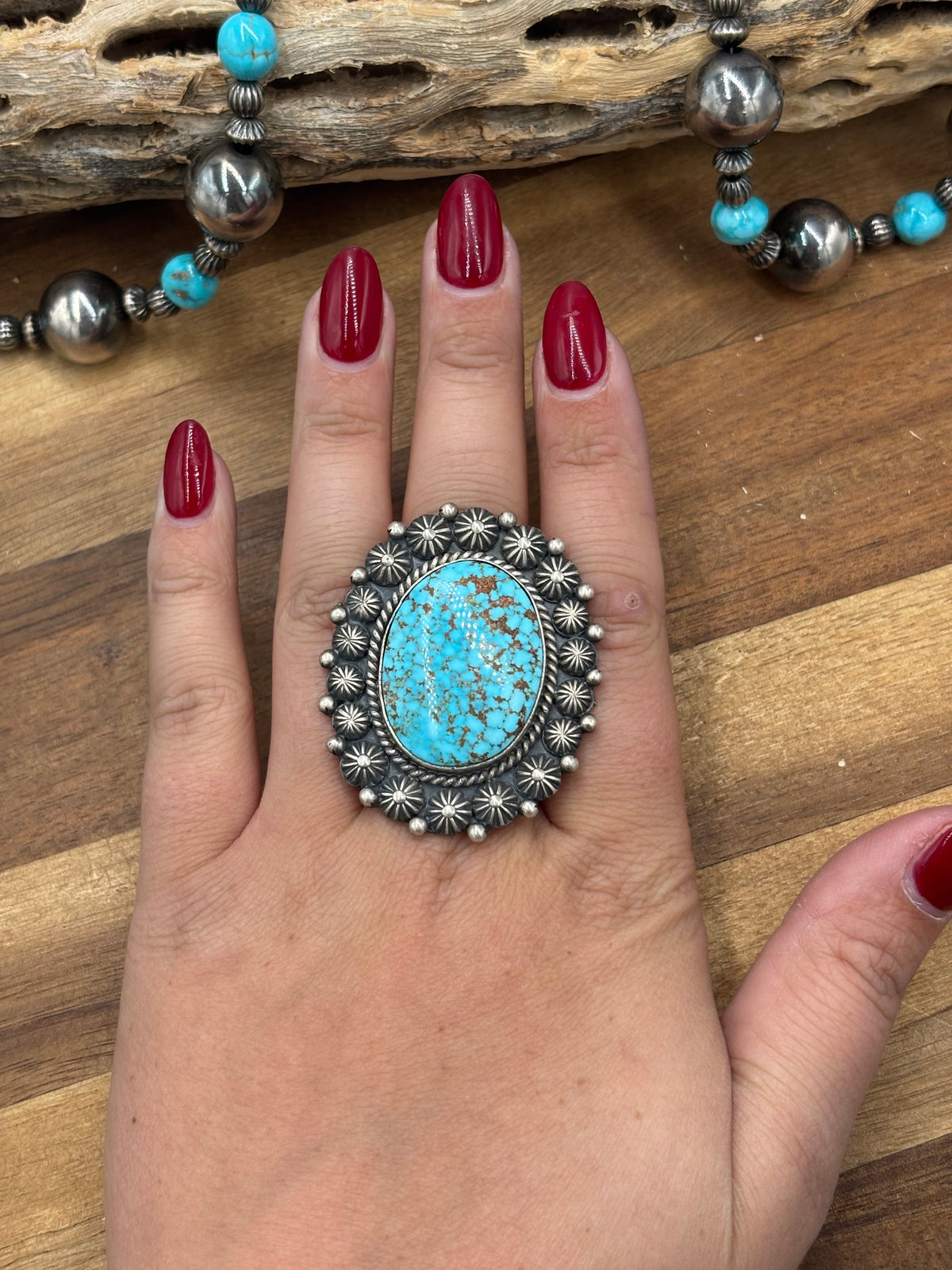 Turquoise #927-10 Polychrome Webbed Kingman Ring Size 11 by Martha Cayatineto, Navajo