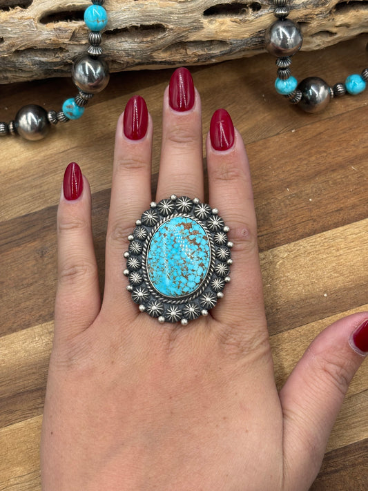 Turquoise #927-10 Polychrome Webbed Kingman Ring Size 11 by Martha Cayatineto, Navajo