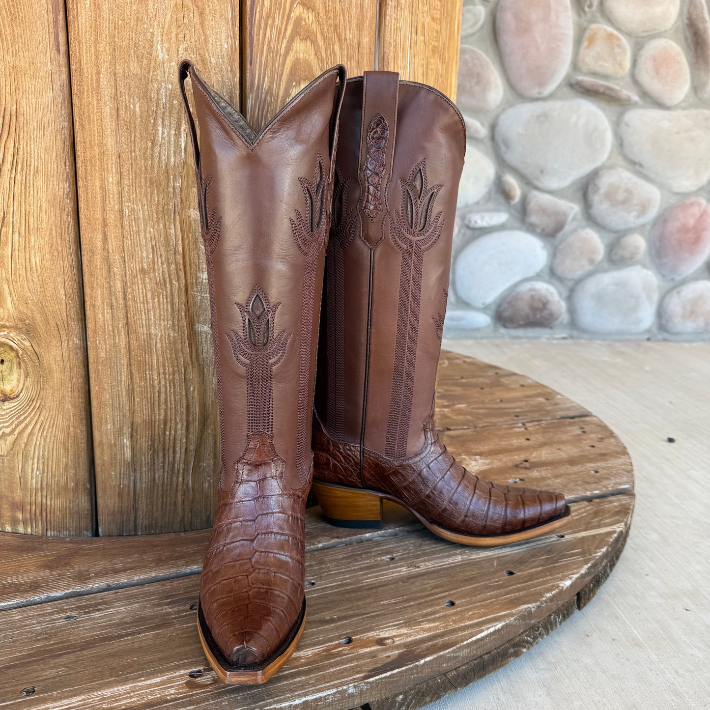 Signature Turquoise Reata Boot - Exotics - The Megan Cafe Caiman Belly Tulip Tops Snip Toe Boots