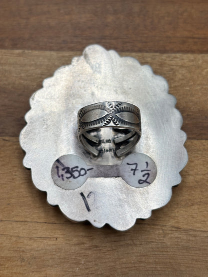 Webbed Kingman #930-2 Turquoise Ring Size 7.5 by Kathleen, Navajo