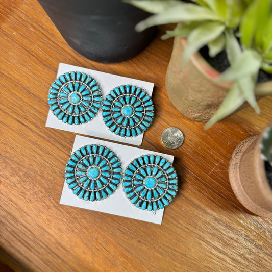 Navajo Handmade by Davin Benally 2" Turquoise Cluster Earrings