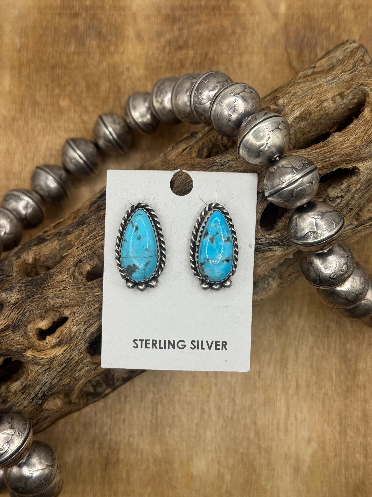 Kingman Turquoise Stud Earrings A by Freda Martinez, Navajo